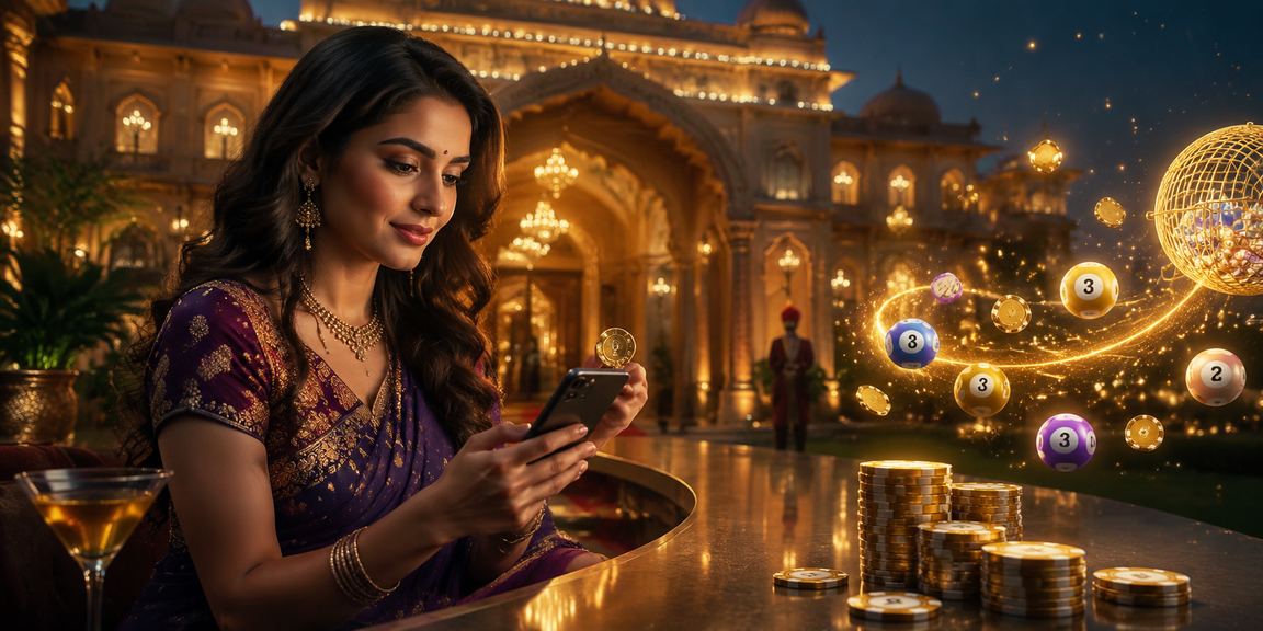 Vibrant slot machine with colourful lottery balls in an Indian setting